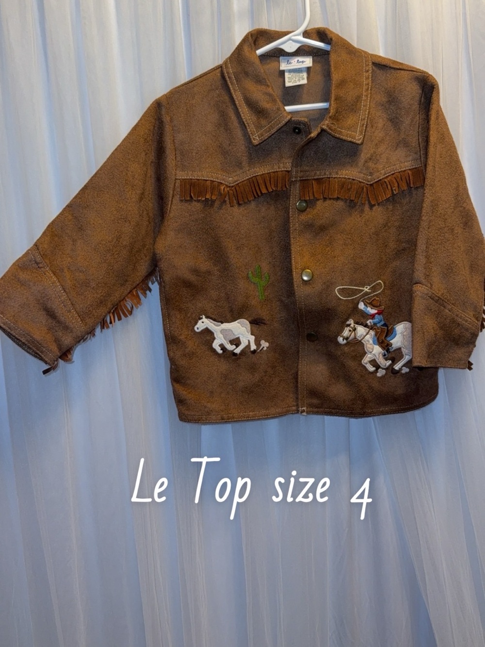 Vintage Le Top Brown Western Fringe Kids Jacket with Cowboy Embroidery sz. 4